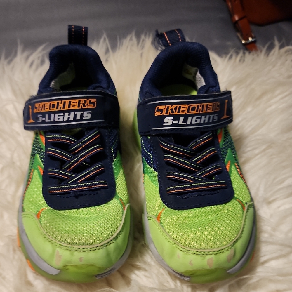 Skechers Kids S-Lights Neon Green and Navy Sneakers